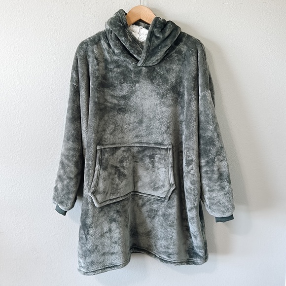 Gray Oversized Blanket Hoodie Sweatshirt Sherpa Fleece Long Sleeve - Picture 1 of 13